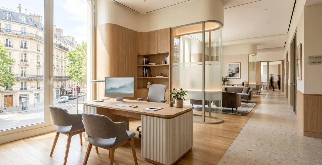 Vue grand angle d'un bureau d'agence financière moderne vide avec mobilier contemporain et grandes baies vitrées laissant entrer la lumière naturelle