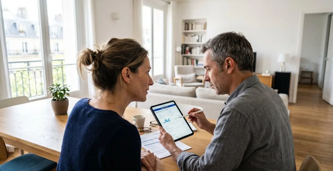 Un couple d'une cinquantaine d'années assis côte à côte sur un canapé contemporain consulte ensemble des documents financiers sur une tablette