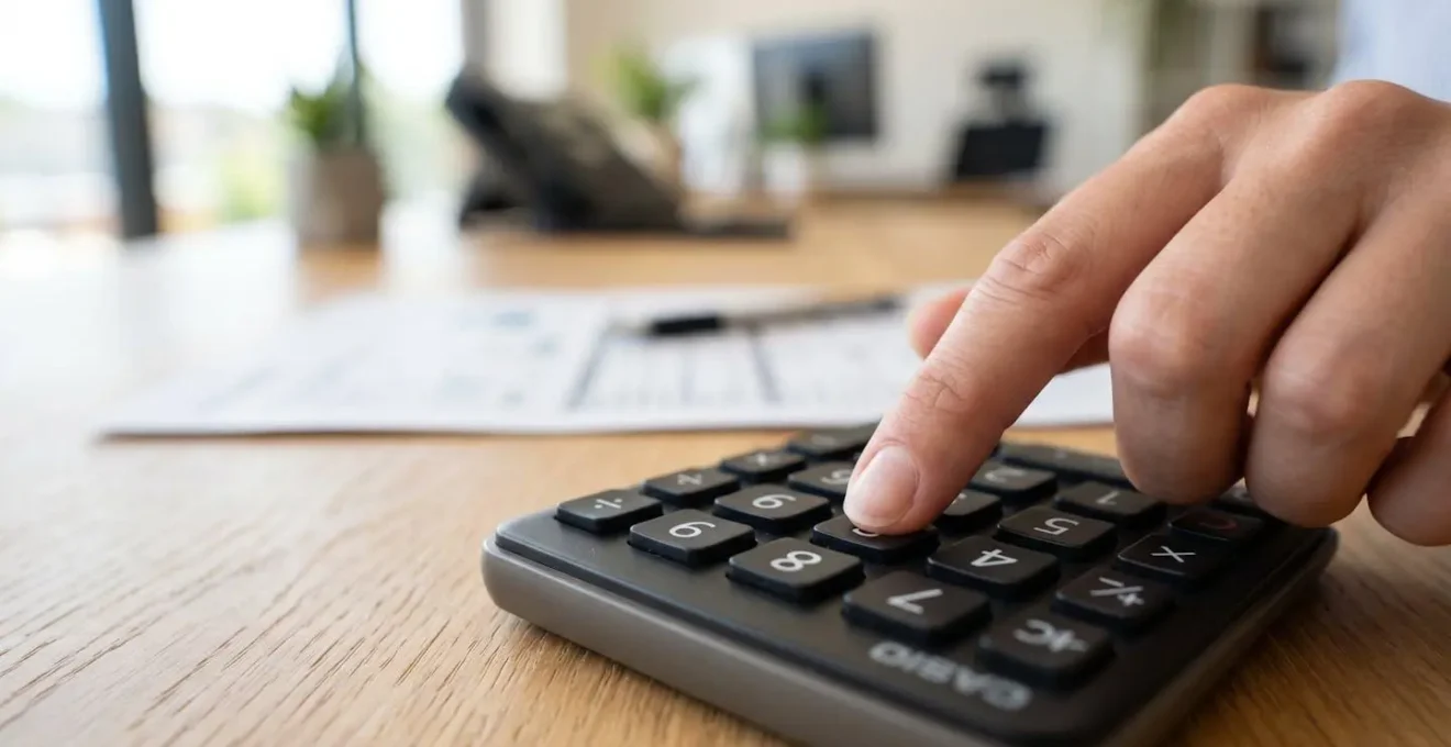 Gros plan sur une calculatrice moderne posée sur un bureau en bois clair avec des documents financiers floutés en arrière-plan