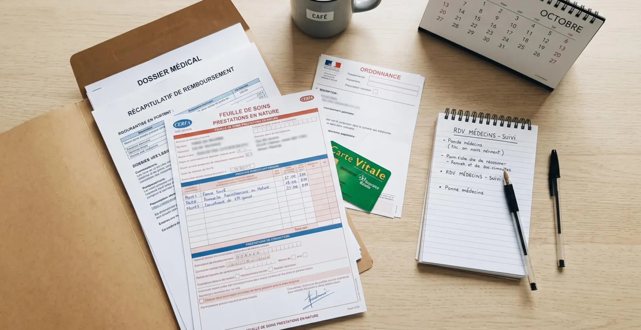 Documents administratifs organisés pour une démarche CPAM : feuilles de soins, carte vitale, justificatifs et chemise de classement sur bureau
