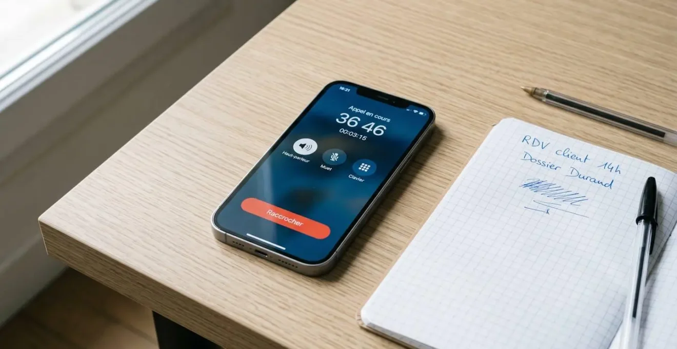 Smartphone affichant un appel en cours au 36 46, numéro de contact de la CPAM, avec bloc-notes pour prise de rendez-vous